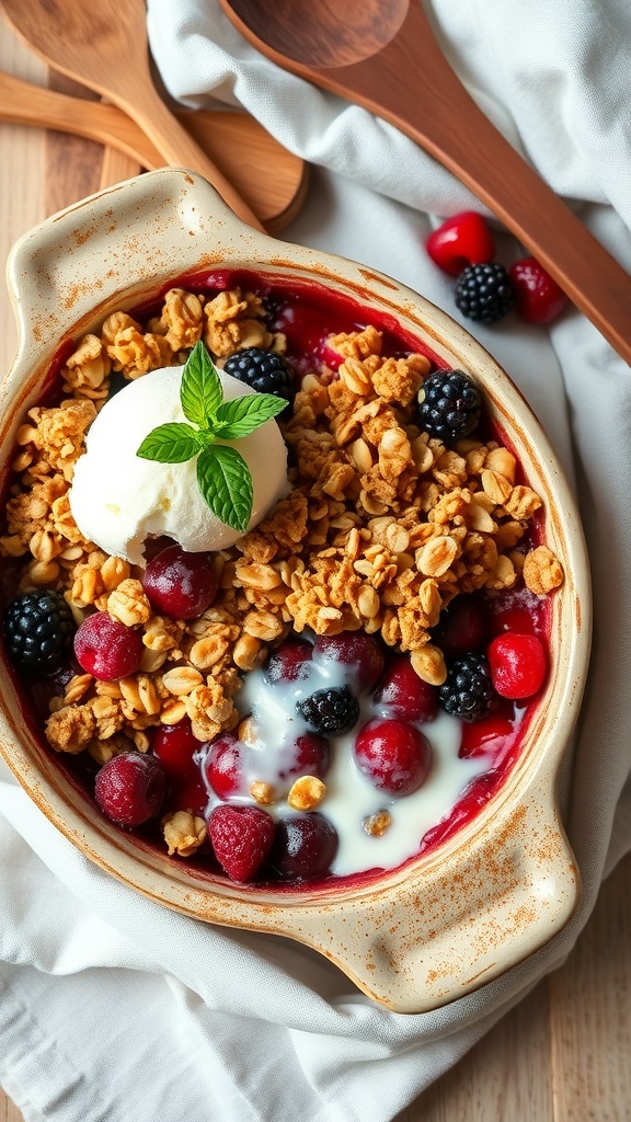 Crumble Spoilers for March 2025 A delicious berry crumble dessert with ice cream, served in a rustic dish.